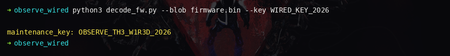 Python script printing the maintenance key from the decoded firmware blob