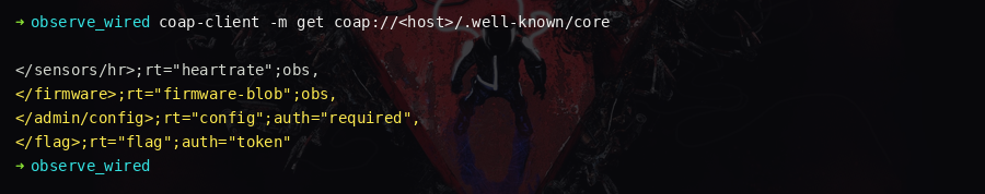.well-known/core response listing all CoAP resources