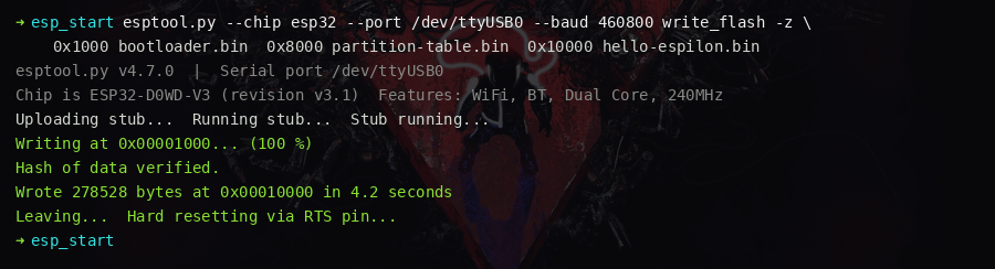 esptool.py flashing — progress bar reaching 100%