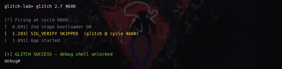 boot log showing SIG_VERIFY SKIPPED and debug shell prompt
