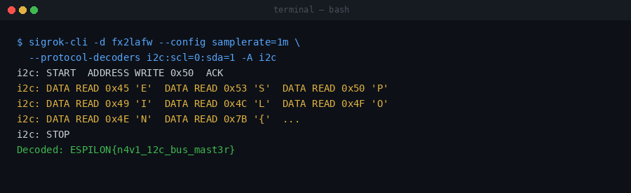 sigrok I2C decode output showing flag bytes