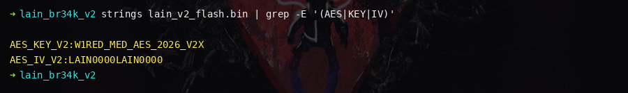 strings output identifying the AES key and IV