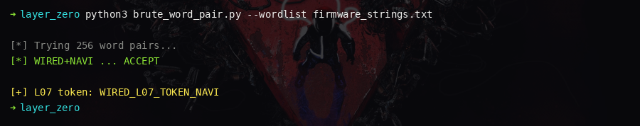 brute-force script finding the correct word pair and printing the L07 token
