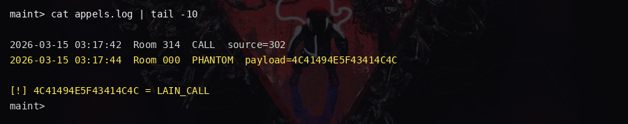 appels.log showing the phantom call with hex payload