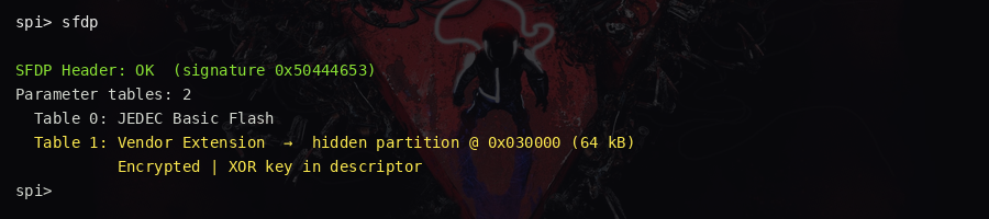 SFDP header output showing two parameter table entries